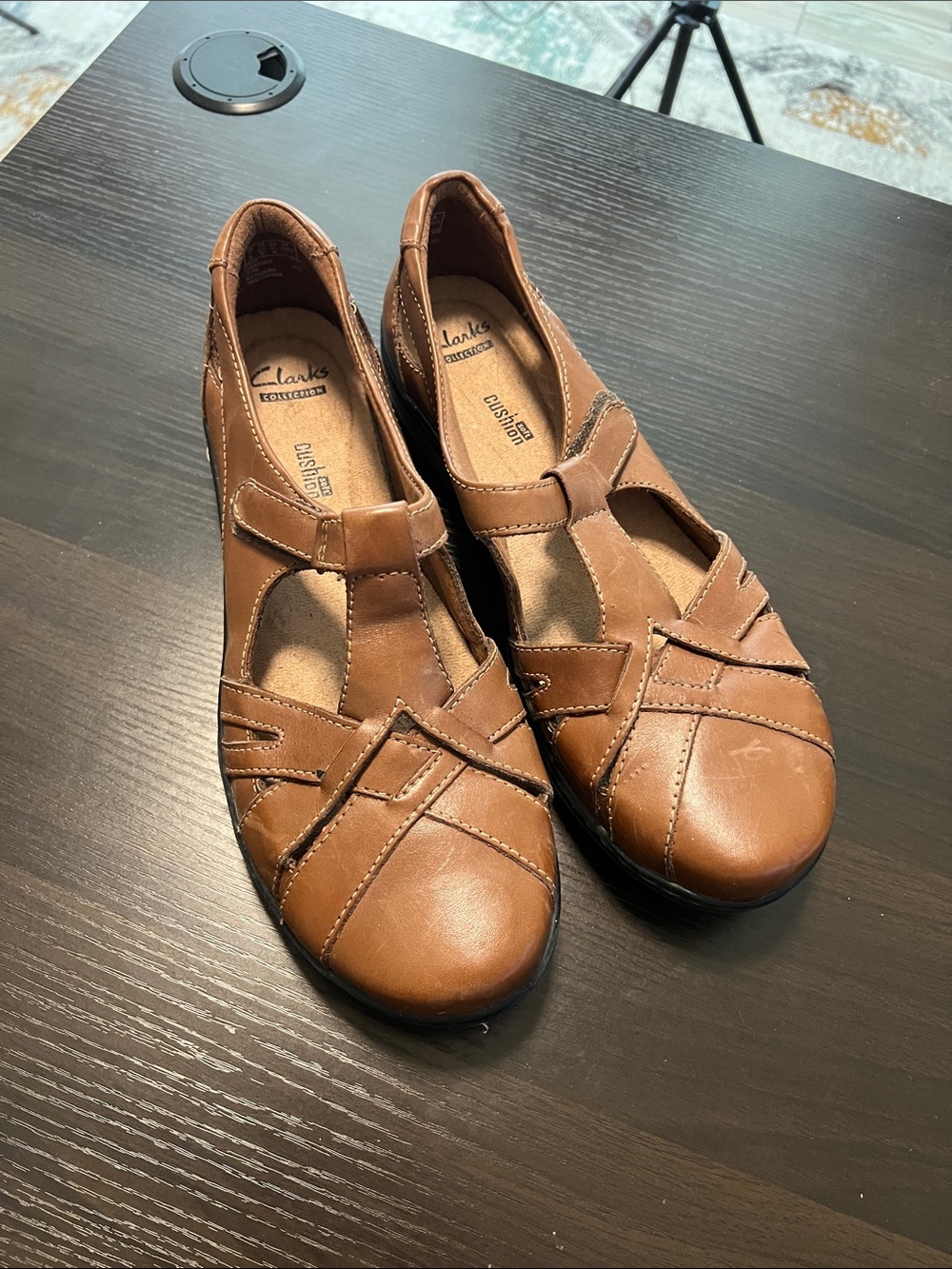 Clarks Collection Evianna Doyle Soft Cushion Tan Leather Fishermans Shoes 9.5